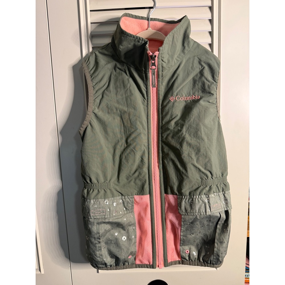 Columbia Kids Gray Pink Fleece Lined Full Zip Cargo Vest Small S
